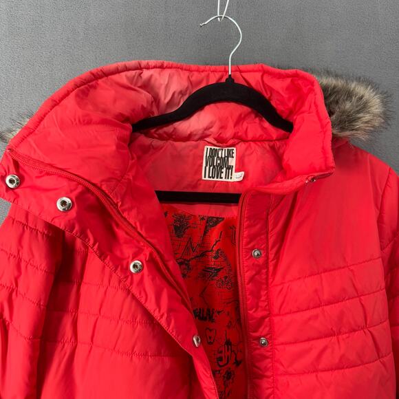 Volcom Hot Mittes Long Puffer Jacket 3/4 Length Large 14 Faux Fur Hood Red - Picture 4 of 14